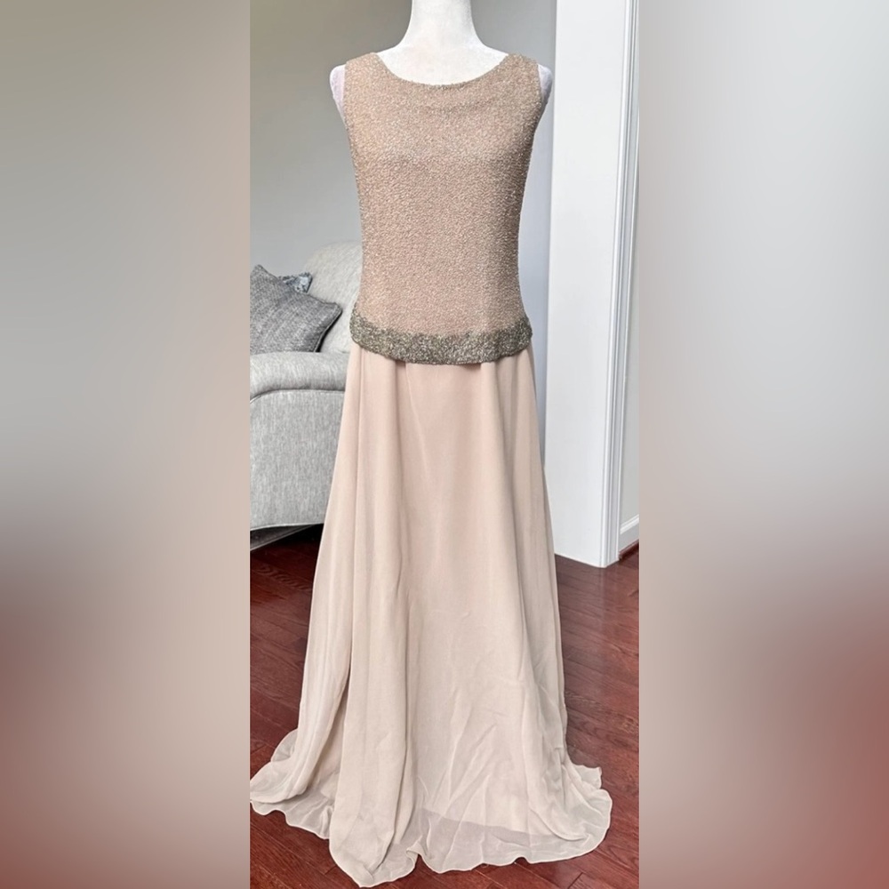 J Kara Beaded Blush and Gold Maxi Dress